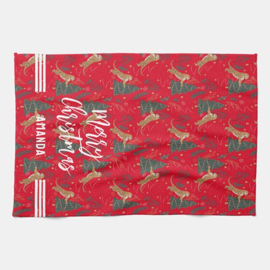 kerstbomen en tijgers, patroon, aangepaste achterg theedoek (Horizontaal)