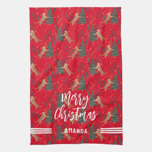 kerstbomen en tijgers, patroon, aangepaste achterg theedoek (Verticaal)