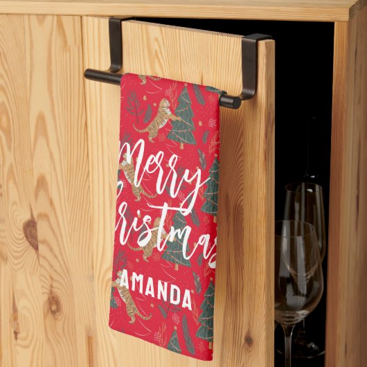 kerstbomen en tijgers, patroon, aangepaste achterg theedoek (Derde Gevouwen)