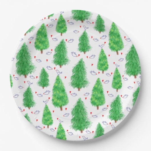Kerstbomen en vogels papier Bord (Voorkant)