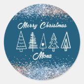 Kerstbomen glitter aangepaste naam ronde sticker (Voorkant)