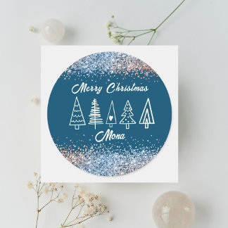 Kerstbomen glitter aangepaste naam ronde sticker