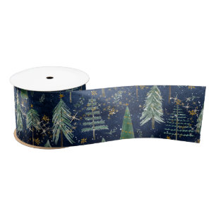kerstbomen Gold Twinkle Stars Navy Blue Wood Satijnen Lint
