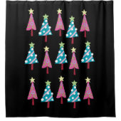 Kerstbomen, gordijnroze en blauw douchegordijn (Voorkant)
