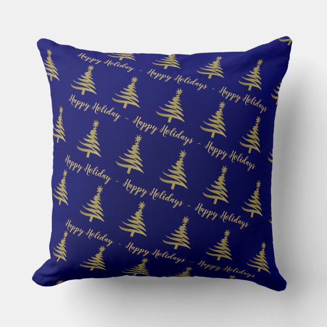 Kerstbomen Goud op Blauw Kussen (Voorkant)
