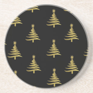 Kerstbomen Goud op Zwart Zandsteen Onderzetter