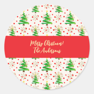 Kerstbomen & Gouden Sneeuwvlokken Ronde Sticker