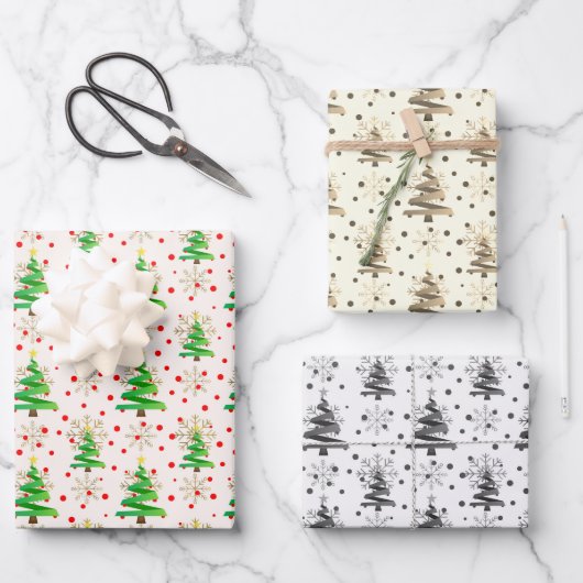 Kerstbomen & gouden sneeuwvlokken, Sepia, Grijs Inpakpapier Vel (Voorkant)