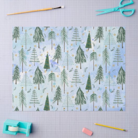 Kerstbomen Gouden Sterren Blauwe Waterverf Modern Tissuepapier (Craft)