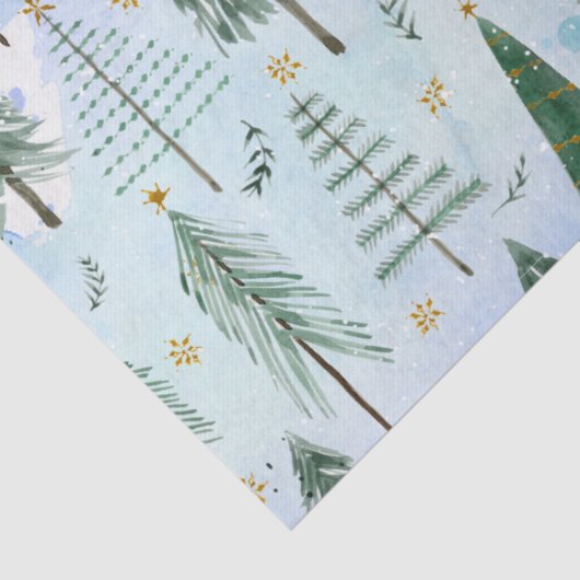 Kerstbomen Gouden Sterren Blauwe Waterverf Modern Tissuepapier (Detail)
