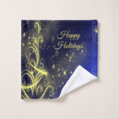Kerstbomen, gouden sterren, marineblauw Vakantie Bad Handdoek (Wasdoekje)