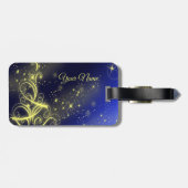 Kerstbomen, gouden sterren, marineblauw Vakantie Bagagelabel (Achterkant horizontaal)