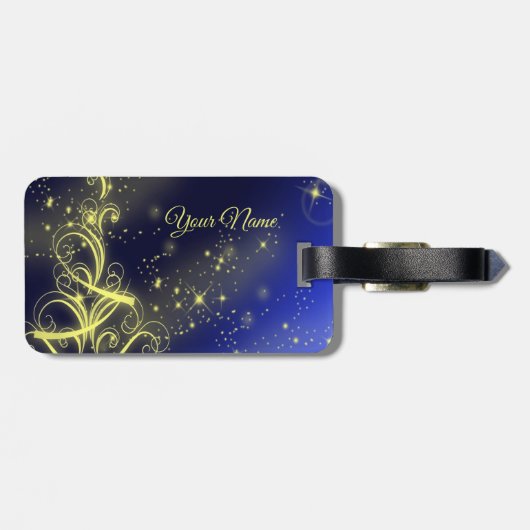 Kerstbomen, gouden sterren, marineblauw Vakantie Bagagelabel (Achterkant horizontaal)