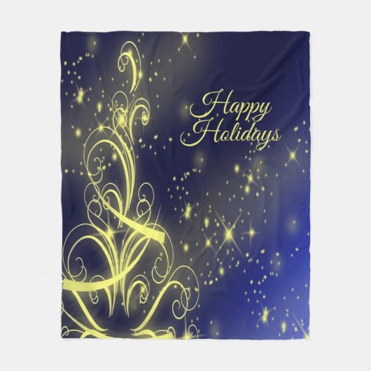Kerstbomen, gouden sterren, marineblauw Vakantie Fleece Deken (Voorkant)