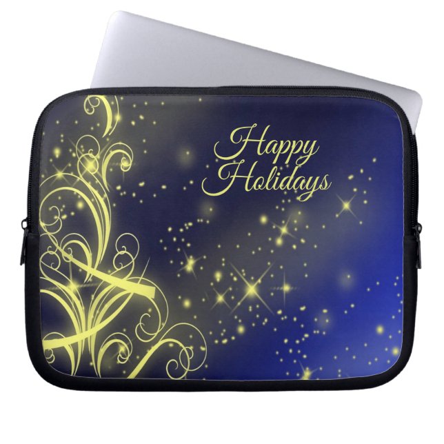 Kerstbomen, gouden sterren, marineblauw Vakantie Laptop Sleeve (Voorkant)