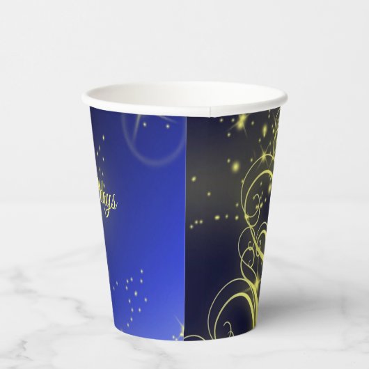 Kerstbomen, gouden sterren, marineblauw Vakantie Papieren Bekers (Rechts)