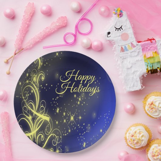 Kerstbomen, gouden sterren, marineblauw Vakantie Papieren Bordje (Feest)