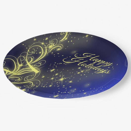 Kerstbomen, gouden sterren, marineblauw Vakantie Papieren Bordje (Gekanteld)