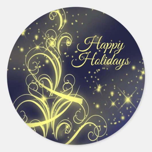 Kerstbomen, gouden sterren, marineblauw Vakantie Ronde Sticker (Voorkant)