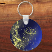 Kerstbomen, gouden sterren, marineblauw Vakantie Sleutelhanger (Voorkant)