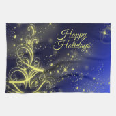 Kerstbomen, gouden sterren, marineblauw Vakantie Theedoek (Horizontaal)