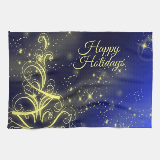 Kerstbomen, gouden sterren, marineblauw Vakantie Theedoek (Horizontaal)