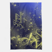 Kerstbomen, gouden sterren, marineblauw Vakantie Theedoek (Verticaal)