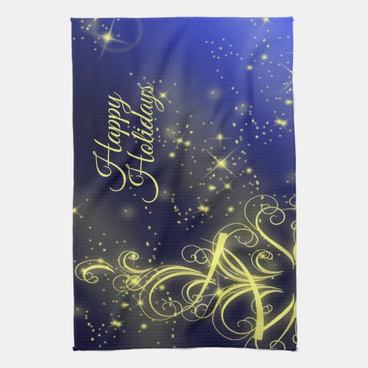 Kerstbomen, gouden sterren, marineblauw Vakantie Theedoek (Verticaal)