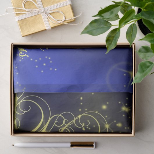 Kerstbomen, gouden sterren, marineblauw Vakantie Tissuepapier (Geschenk)