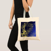 Kerstbomen, gouden sterren, marineblauw Vakantie Tote Bag (Voorkant (product))
