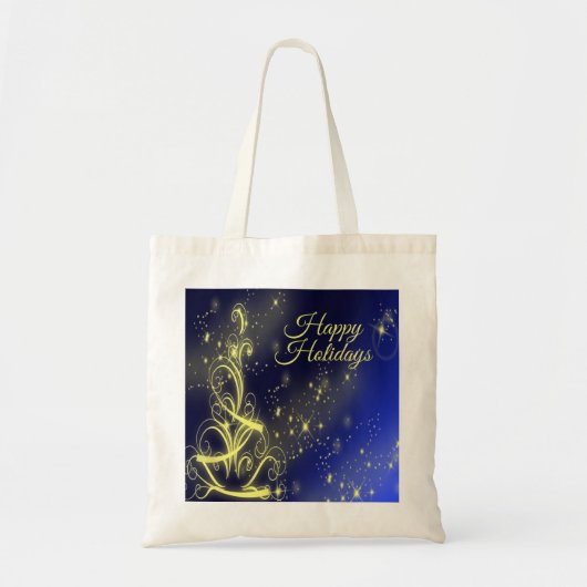 Kerstbomen, gouden sterren, marineblauw Vakantie Tote Bag (Voorkant)