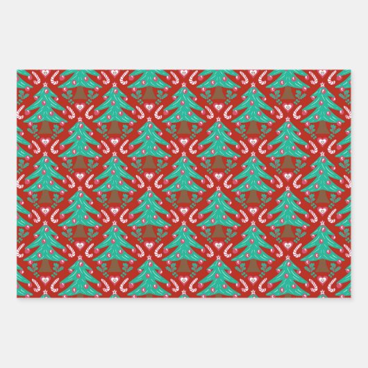 Kerstbomen, harten en snoep rood roze blauw inpakpapier vel (Voorkant 2)