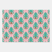 Kerstbomen, harten en snoep rood roze blauw inpakpapier vel (Voorkant)