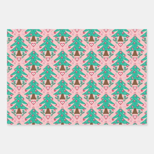 Kerstbomen, harten en snoep rood roze blauw inpakpapier vel (Voorkant)