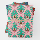 Kerstbomen, harten en snoep rood roze blauw inpakpapier vel (In situ)