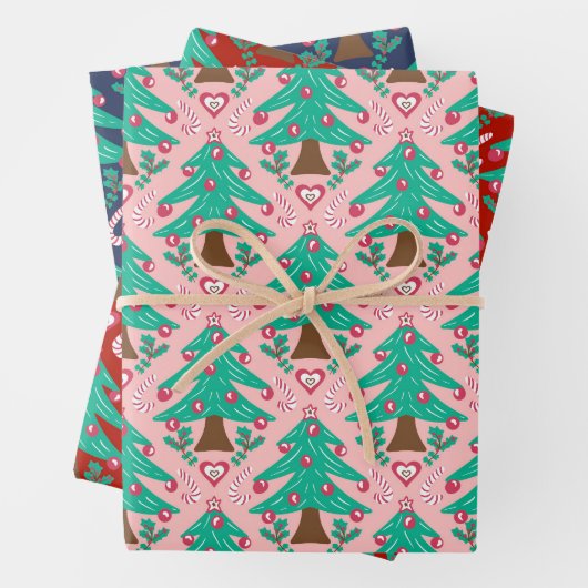 Kerstbomen, harten en snoep rood roze blauw inpakpapier vel (In situ)
