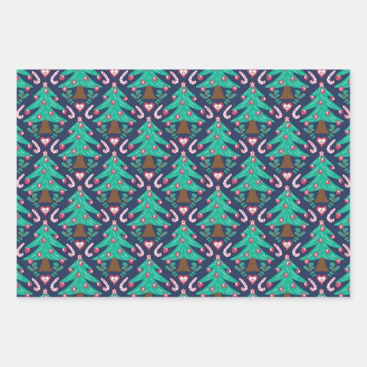 Kerstbomen, harten en snoep rood roze blauw inpakpapier vel (Voorkant 3)
