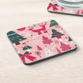 Kerstbomen herten sneeuwvlokken roze Sierkussen Bier Onderzetter (Linkerzijde)