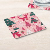 Kerstbomen herten sneeuwvlokken roze Sierkussen Kartonnen Onderzetters (Schuin)