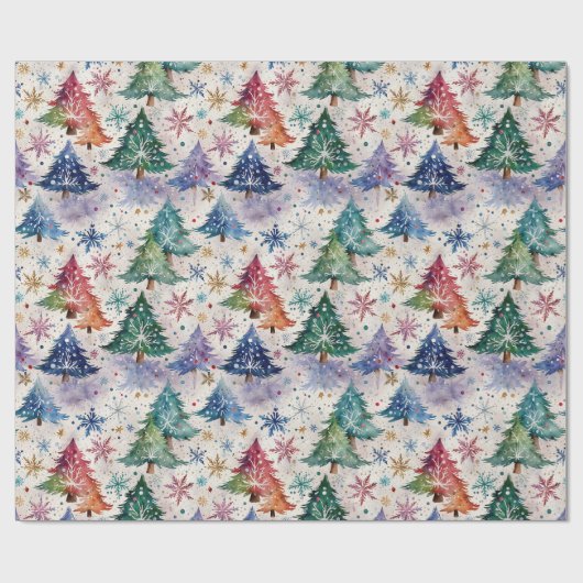 Kerstbomen in kleurrijke sneeuw cadeaupapier (Vlak)