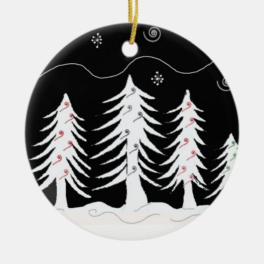 Kerstbomen in zwart en wit keramisch ornament (Voorkant)