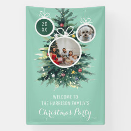 Kerstbomen kerstballen vorm twee foto's groen spandoek