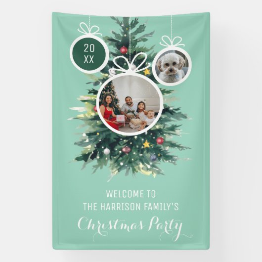 Kerstbomen kerstballen vorm twee foto's groen spandoek (Verticaal)