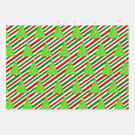 kerstbomen, kerstkleppen, strips inpakpapier vel