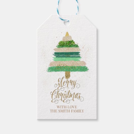 kerstbomen, Label, glitters, vrolijk kerstfeest Cadeaulabel (Voorkant)