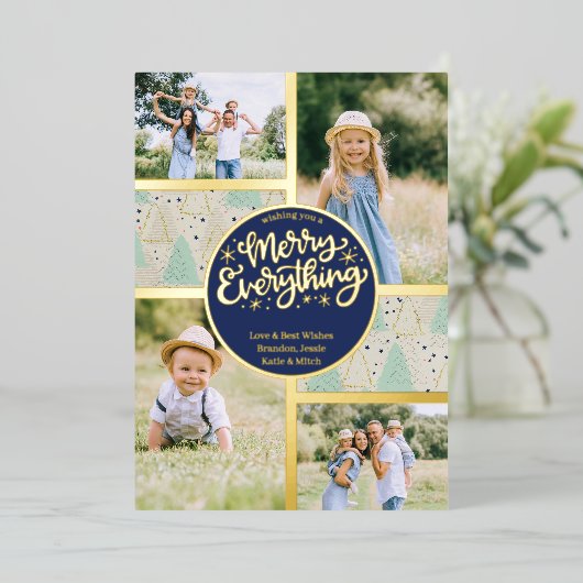 Kerstbomen Merry Everything 4 Foto Mint Goud Folie Feestdagenkaart (Staand Voorkant)