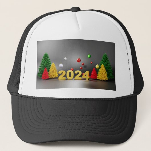 Kerstbomen met afbeelding van het jaar 2024 trucker pet (Voorkant)
