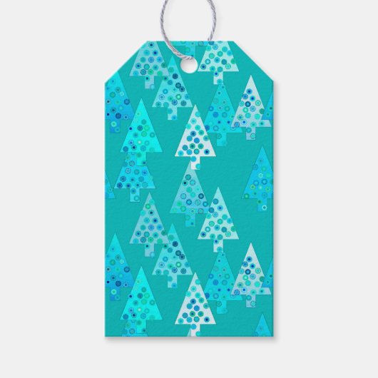 Kerstbomen met een moderne bloem - turkooi cadeaulabel (Voorkant)