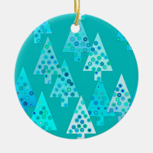 Kerstbomen met een moderne bloem - turkooi keramisch ornament