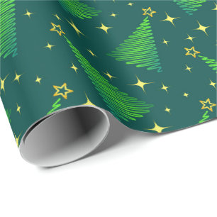 Kerstbomen met gouden sterren cadeaupapier